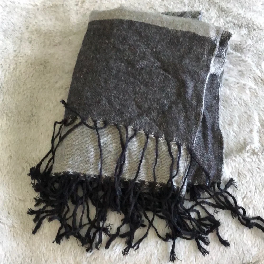Black and Gray Paisley print scarf with fringe